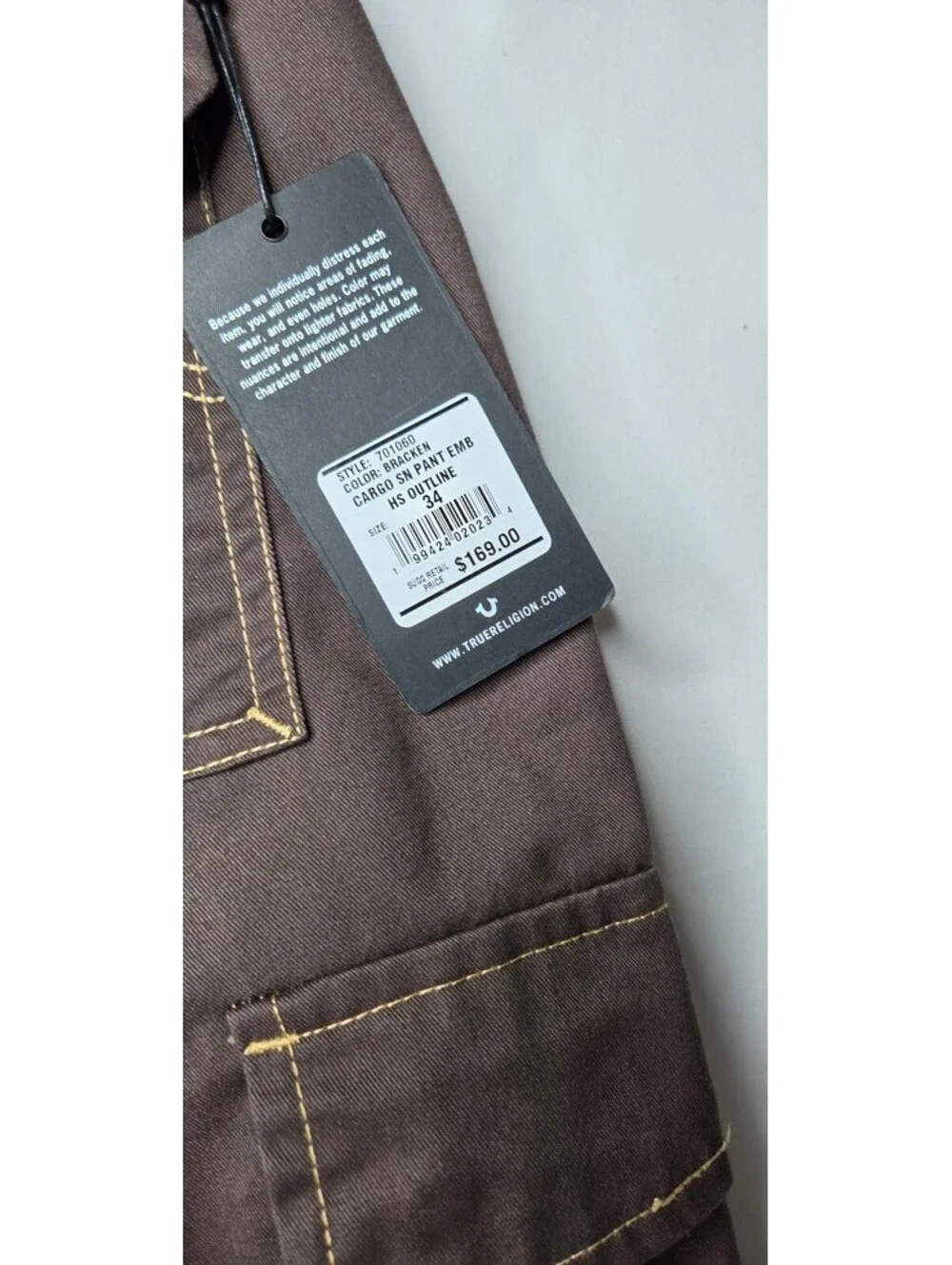 NWT True Religion Men's Warped Horseshoe Baggy Cargo Pants Bracken Brown 34x32